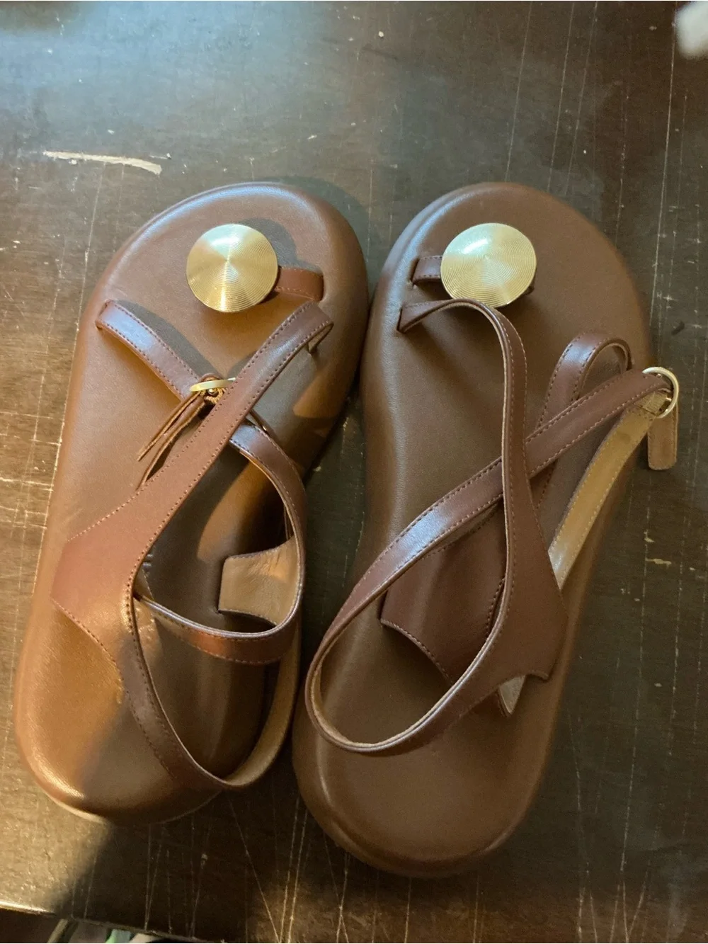 Robert Clergerie Brown Leather Toe-Ring Slingback Sandals with Gold Disks